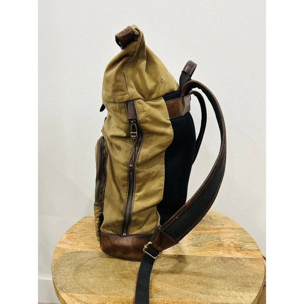 Distressed Fossil Defender Canvas & Leather roll-top backpack Rucksack Tan Brown